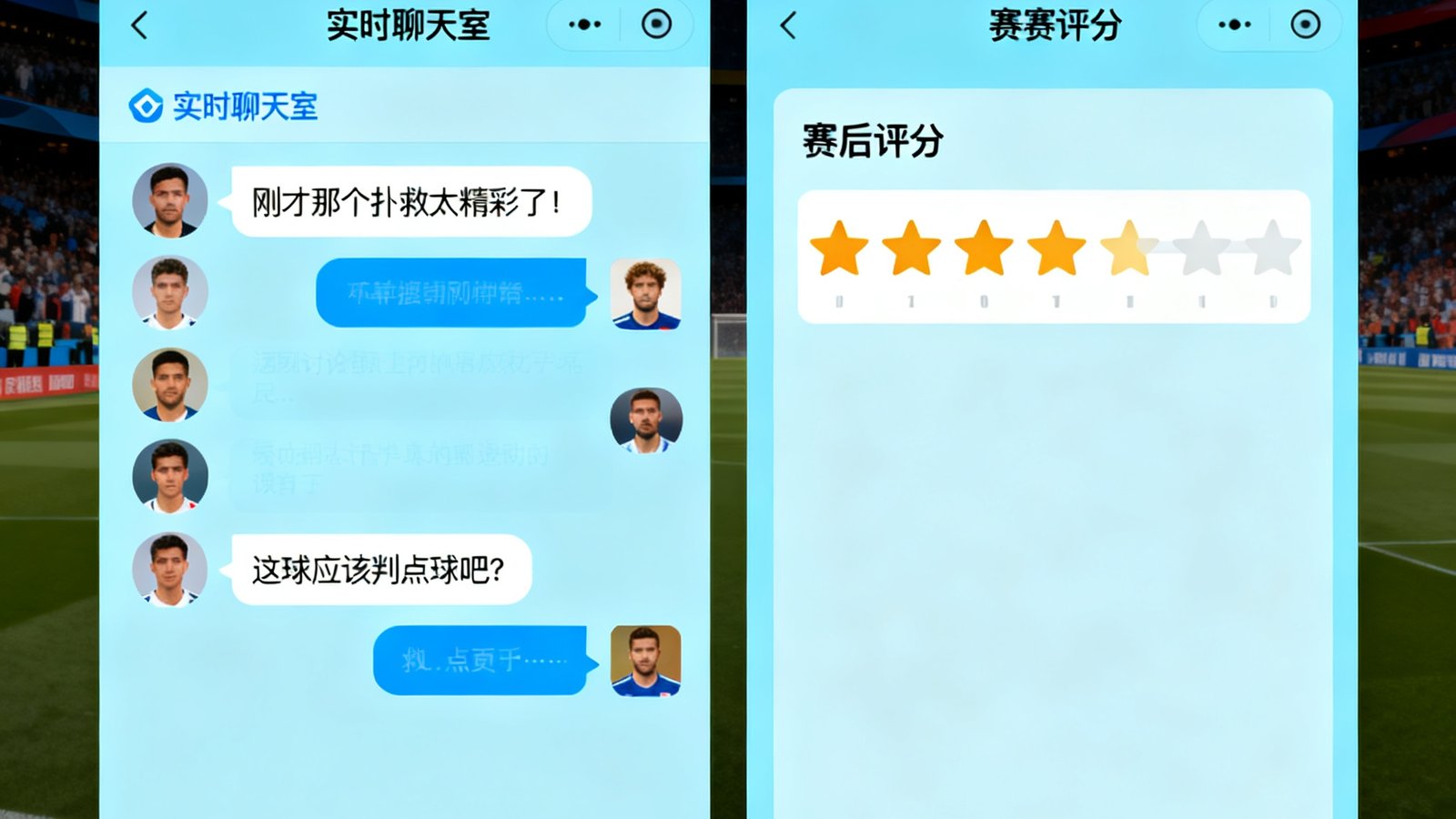 搜球吧球迷社区互动界面，展示实时聊天室和赛后评分功能，球迷们正在热烈讨论比赛